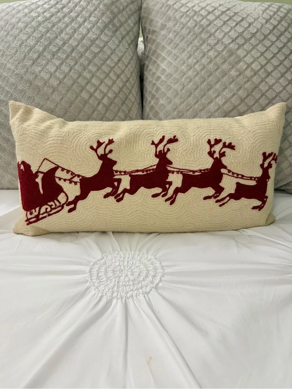 Pottery Barn Embroidered Santa Sleigh Reindeer Holiday Wool Blend Lumbar Pillow